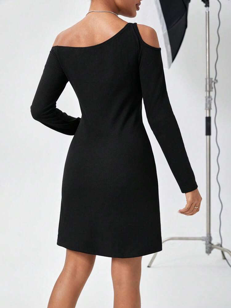 Asymmetrical Neckline Long Sleeve Dress