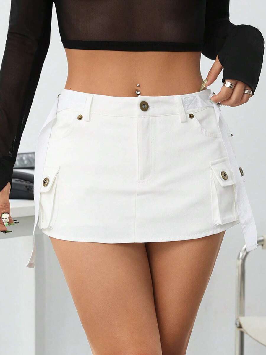 SHEIN ICON Eo thấp Túi nắp bên cạnh Nút Skorts - trắng - Xem 1