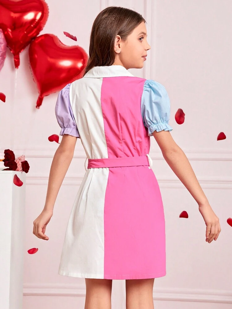 Tween Girls' Colorblock Suit Collar Puff Sleeve Detachable Belt Elegant Style Dress