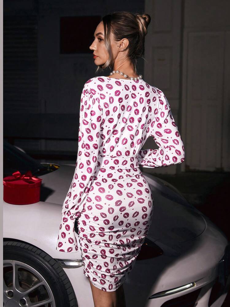 Lip Print Long Sleeve Dress Valentine's Day Dress Romantic Date Party Dress