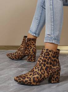 随机图案不对称豹纹细高跟踝靴和短靴，适合女士派对和度假 - 駝色 - 查看 1