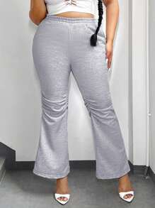 SHEIN SXY Women's Plus Size Elastic Waist Ruched Flared Sweatpants Casual Stacked Pants