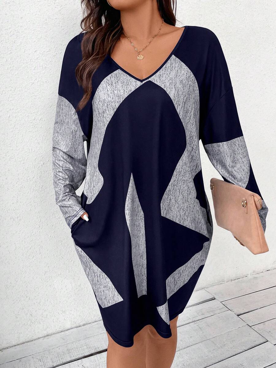 Vestido De Talla Grande Con Cuello En V Y Bolsillo Oculto - azul real - Ver 1