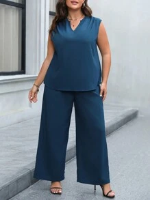 Celure Plus Size Women's Notched Collar Sleeveless Two-Piece Set - Blue - View 6