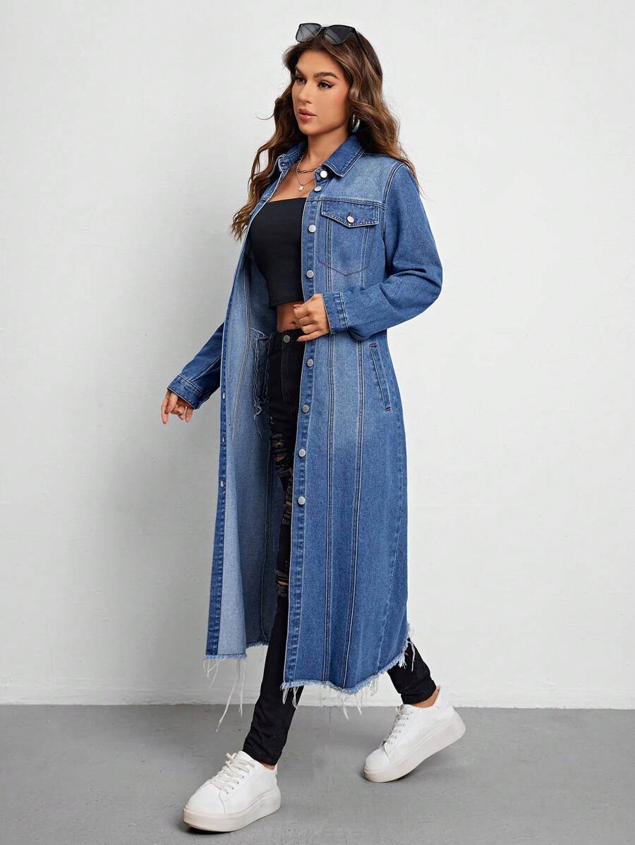 SHEIN Essnce 女式性感修身鈕環牛仔外套,有翻領衣領 - 中等水洗藍 - 查看 1