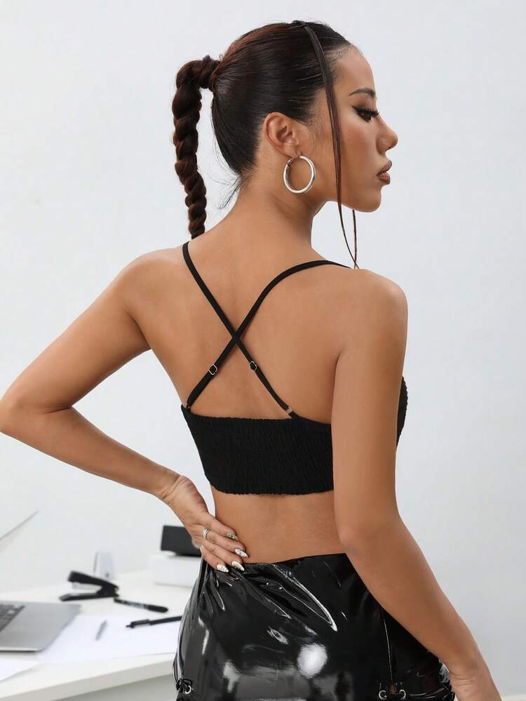 Y2k Summer Black Pleated Metal Button Decorated Cami Top With Scarf Hem