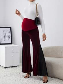 SHEIN Pantalones acampanados con bloqueo de color y cintura ajustable para mujeres embarazadas - Burdeos - Ver 5