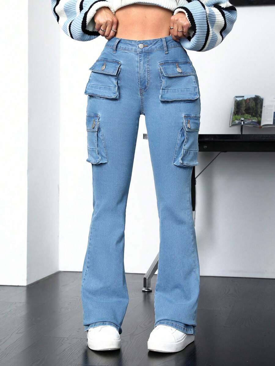 SHEIN EZwear Túi có nắp Chi tiết Quần jean loe - Rửa trung bình - Xem 1