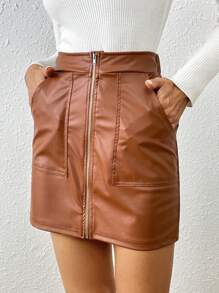 SHEIN Privé Women'S Zipper Front Skirt - Brown - View 5