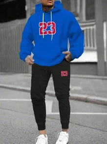 Extended Sizes 男士加大碼帶數字圖案的束口連帽衛衣和長褲套裝 - 藍色 - 查看 1