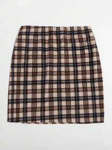SHEIN EZwear Summer Going Out Brown Split Hem Short Style Tartan Skirt