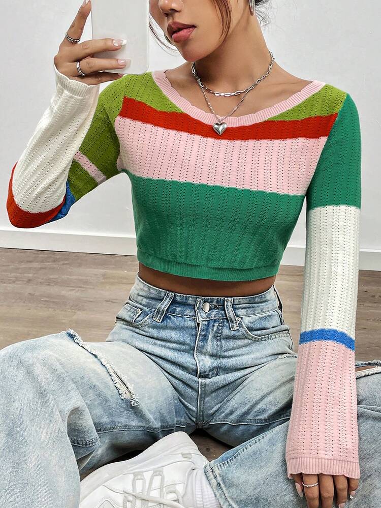 Ladies' Striped Short Cropped Knit Pullover Fall Winter Sweater