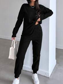 EURMUSE Women's Drop Shoulder Long Sleeve Ribbed Top And Pants Two-Piece Set - Black - View 5