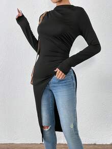 SHEIN Essnce 女式打摺分叉長t恤 - 黑色 - 查看 5