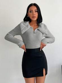 RueChic Ladies' Slim-fit Sweater With Fur Collar - Grey - View 3