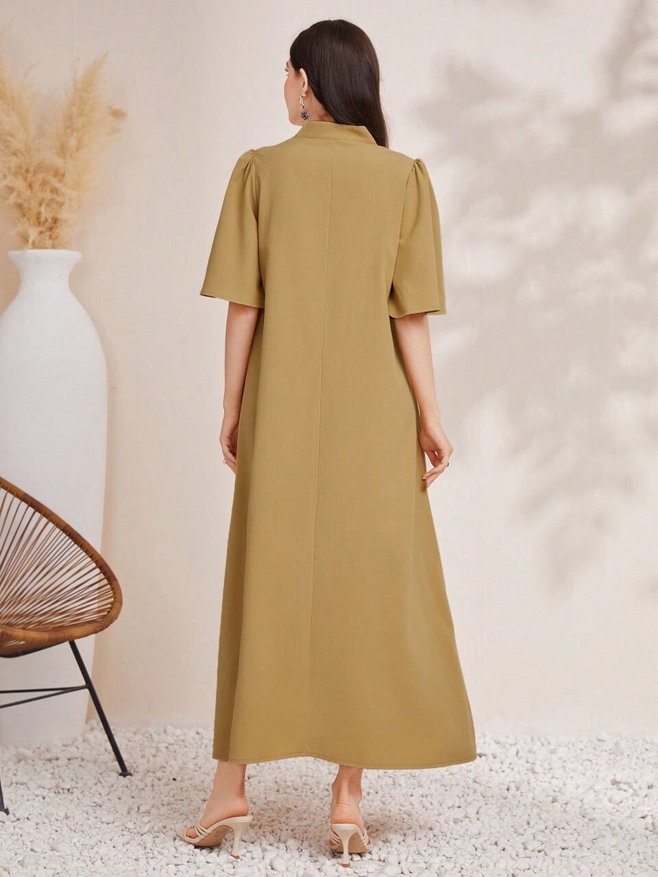 Printed Patchwork Notched-Neck Fringe Decorated Dress