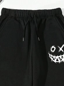 Manfinity Dauomo Men's Smiling Face Printed Drawstring Waist Jogger Pants, For Rave, Back To School