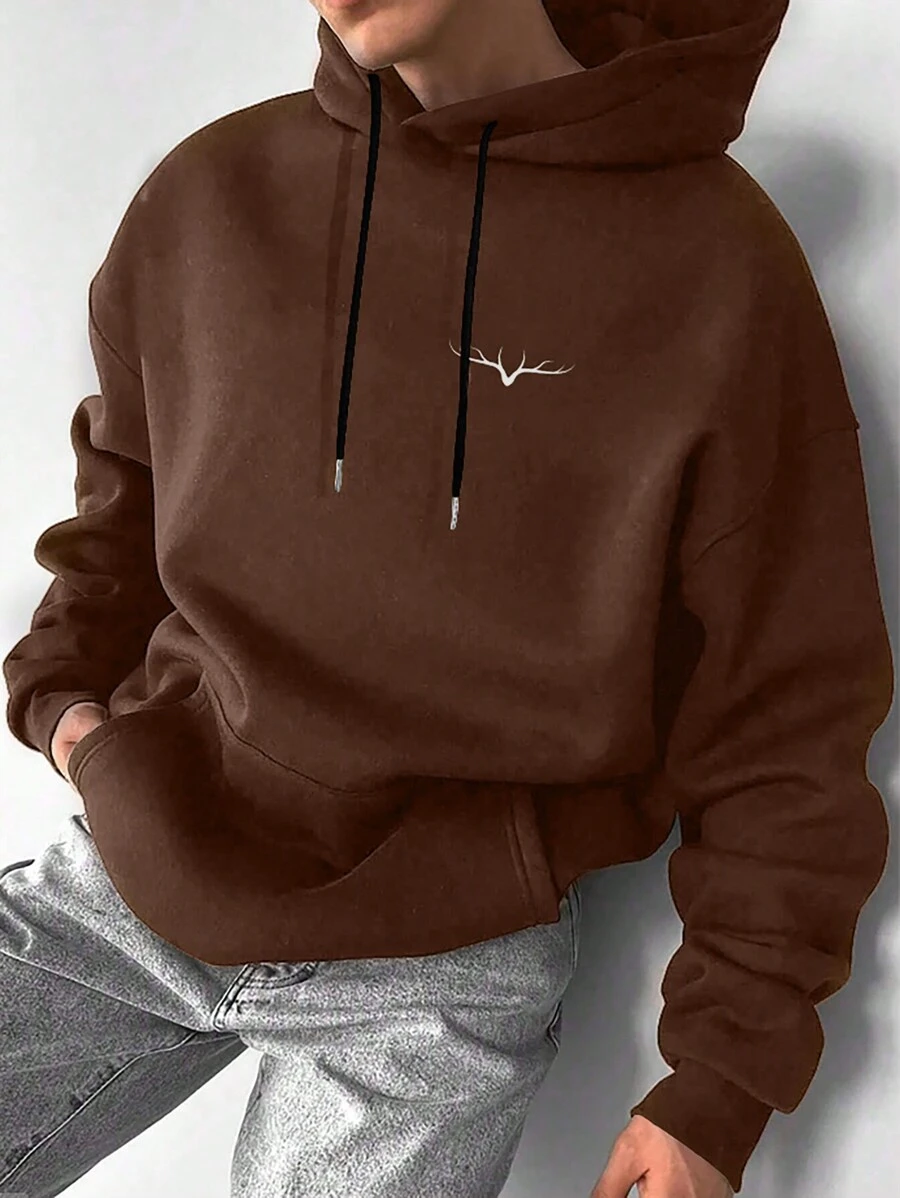 Manfinity Hypemode Men's Hooded Sweatshirt With Deer Head Print - Coffee Brown - View 1