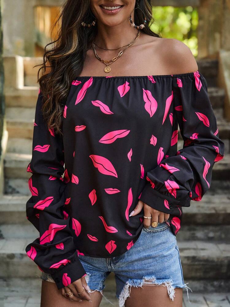 Lips Print Off Shoulder Long Sleeve Shirt