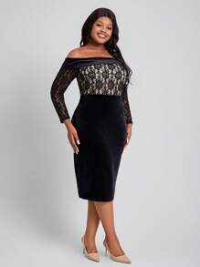 SHEIN Lady Plus Size Lace Patchwork Bodycon Off Shoulder Dress - Multicolor - View 6