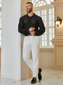 Manfinity Homme Men's Plus Size Lace Long Sleeve Shirt - Black - View 3