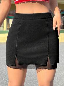 SHEIN EZwear Women's Mesh Splice High Slit Bodycon Skirt - Black - View 1
