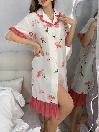 女士花卉印花撞色拼布荷叶边睡衣睡裙