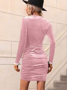 SHEIN Clasi Ladies' Velvety Studded Beaded Dress - Pink - View 2