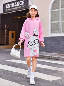 SHEIN 青少女針織連帽卡通兔紋鬆身休閒毛衣裙 - 粉色 - 查看 1