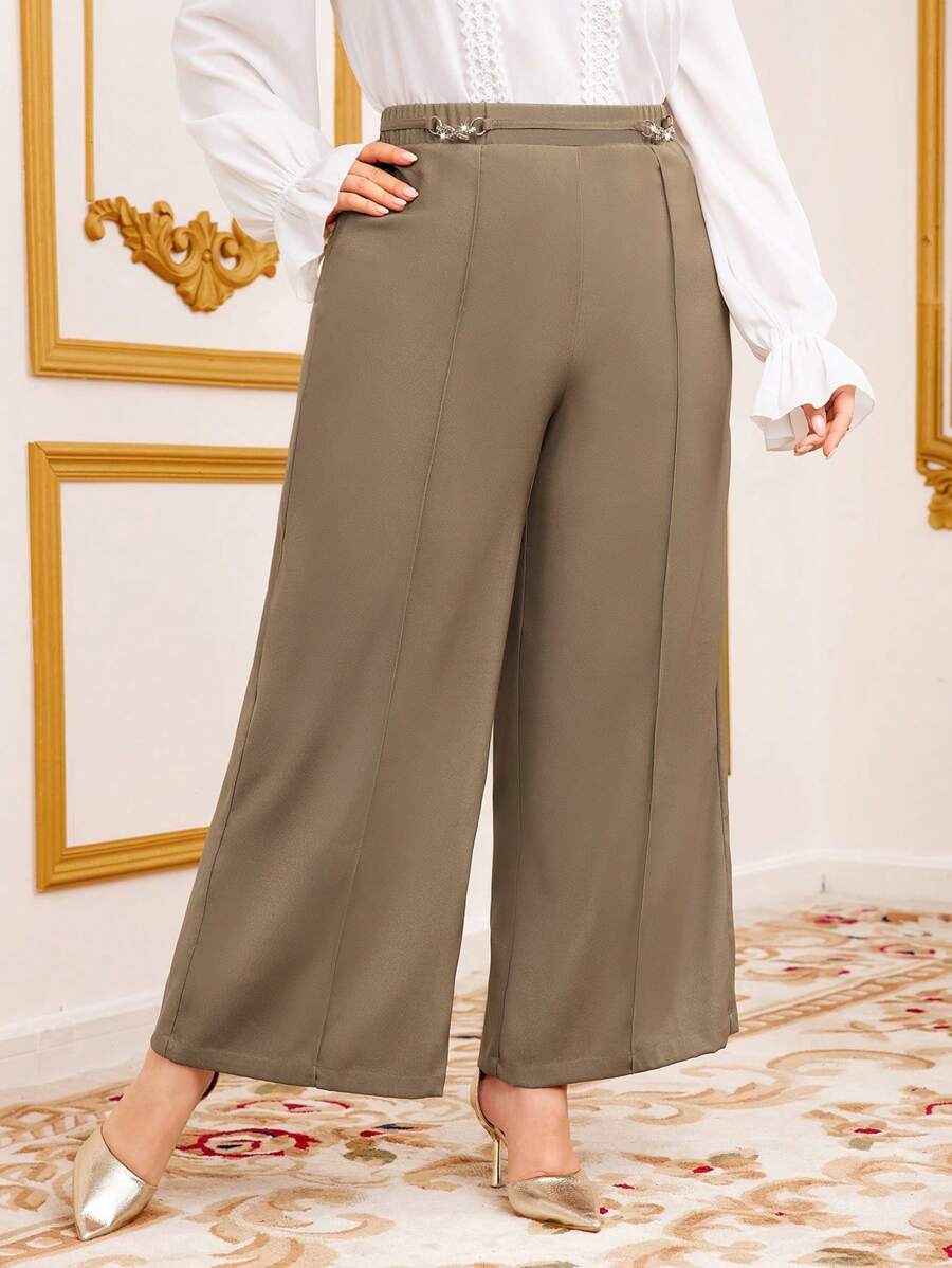 Modelyn Kích thước lớn Của phụ nữ Rộng chân Quần Với Pha lê Đồ trang trí - Màu Khaki - Xem 1
