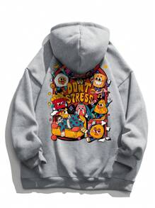 男士卡通字母图案口袋抽绳连帽衫，秋季款，长袖上衣 - 灰色 - 查看 6