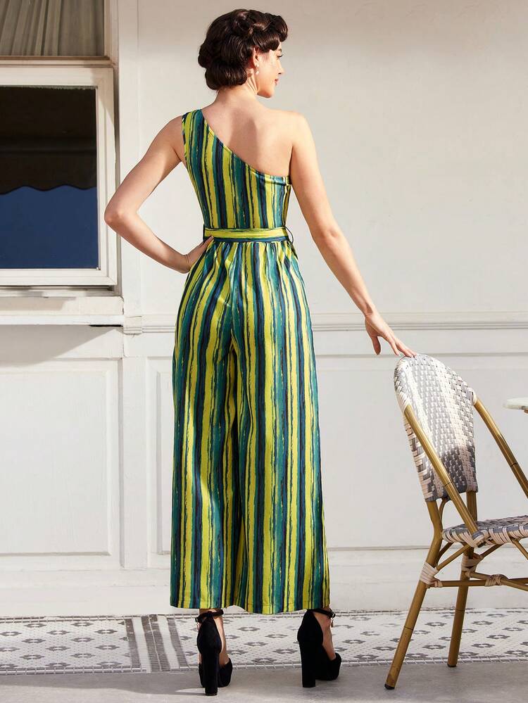 One Shoulder Sleeveless Striped Wide Leg Jumpsuit