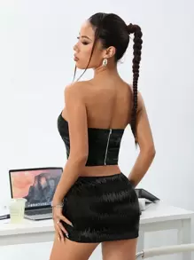 SHEIN ICON 無肩帶多拉鏈上衣和緊身裙套裝 - 黑色 - 查看 4