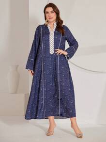 Al Najma Plus Size Women's Notch V-Neck Long Sleeve Dress Kaftan Jalabiya Dress - Multicolor - View 6