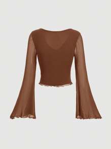 SHEIN MOD Knot Front Bell Sleeve T-Shirt - Brown - View 2
