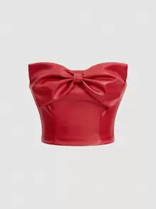 SHEIN MOD 蝴蝶結裝飾 Pu 皮革抹胸上衣 - 紅色 - 查看 1