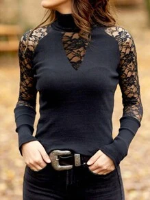 Lace Spliced High Neck Long Sleeve T-Shirt - Black - View 1