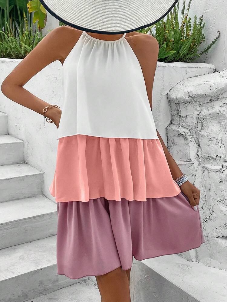 Ladies' Color Block Halter Neck Dress