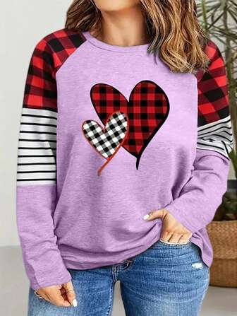 SHEIN LUNE 大碼條紋格子拼接t恤,心形印花款式