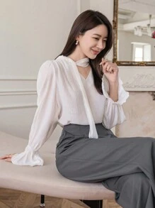 DAZY Tie-Neck Flare Sleeve Blouse,Fall Clothes