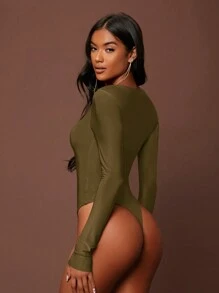 SHEIN BAE 方領長袖連體衣 - 軍綠色 - 查看 2