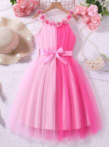 Sparklyn Tween Girls' Cute Patchwork 3d Decor Flower Halter Mesh Tutu Dress With Waist Belt For Spring/Summer