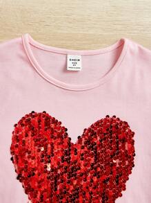 SHEIN Tween Girls' Sequin Heart Detail Casual Short Sleeve T-Shirt