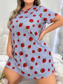 SHEIN Plus Size Women's Strawberry Printed Sleep Dress Pajama Dress - Purple - View 4