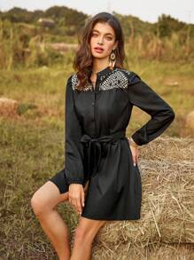 SHEIN VCAY 幾何刺繡長袖連衣裙 - 黑色 - 查看 1