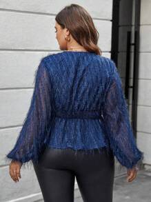 SHEIN Frenchy Plus Size Wrap Neck Lantern Sleeve Fuzzy Blouse - Navy Blue - View 2