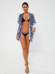 SHEIN Swim Women's Geometric Pattern Open Front Cover Up Summer - Multicolor - View 5