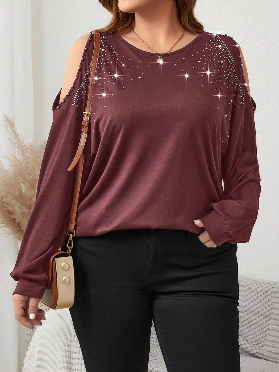 SHEIN LUNE 大尺碼女水鑽裝飾露肩長袖圓領 T 卹 - 酒紅色 - 查看 1