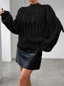SHEIN Privé 流蘇裝飾圓球袖毛衣 - 黑色 - 查看 5