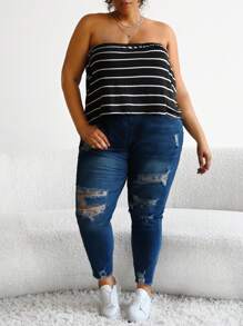 SHEIN CURVE+ Plus Striped Print Tube Top - Black - View 5